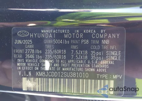 2025 Hyundai Tucson Hybrid Sel Convenience из США, поврежденный, VIN KM8JCDD12SU381010